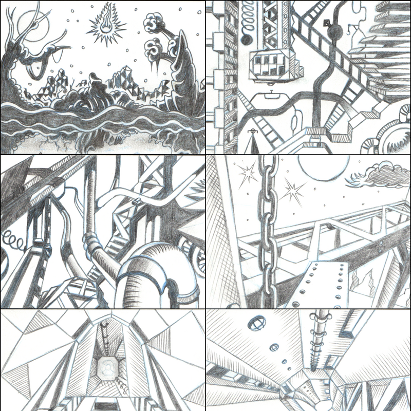 Selection of storyboard pencil drawings for the 1997 Windows game Moon Child