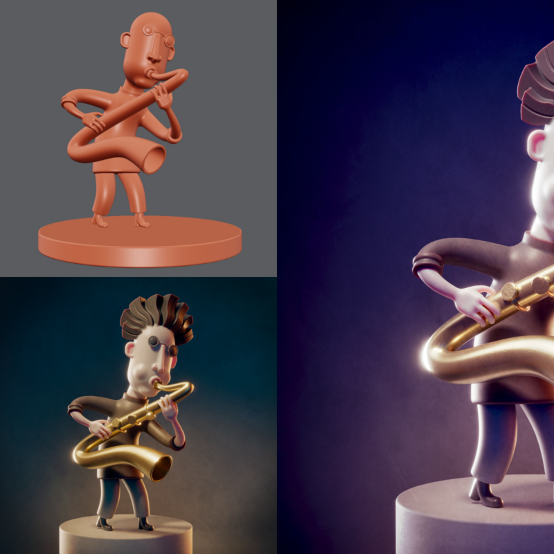 Saxophone player style experiment, modeled in SDF Modeler, rendered in Blender