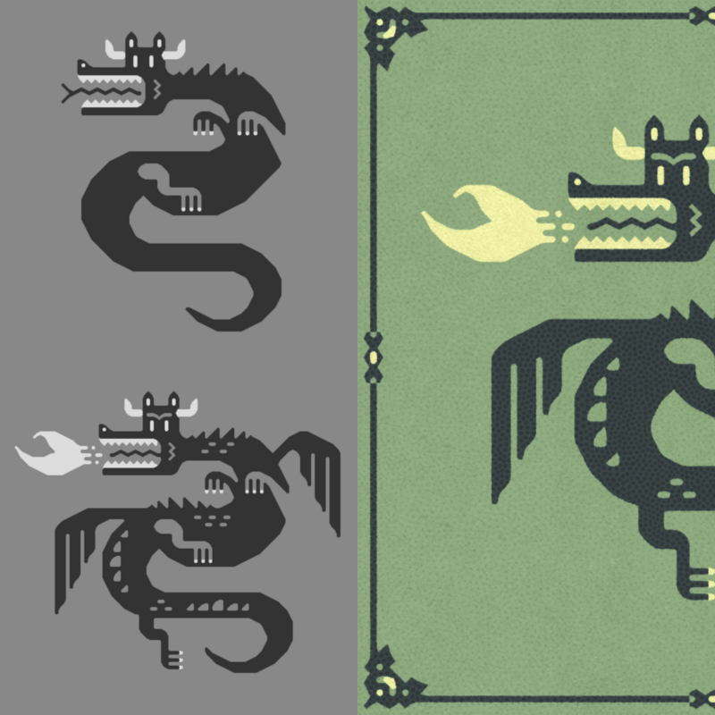 Graphic-style dragon character design, including work-in-progress stages