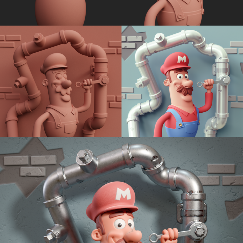 Stylized 3D scene of Mario at work, modeled in MagicaCSG, rendered in Blender