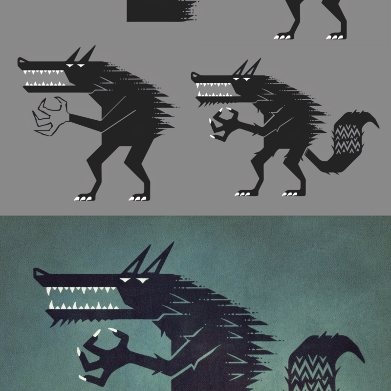 Graphic-style werewolf character design, including work-in-progress stages