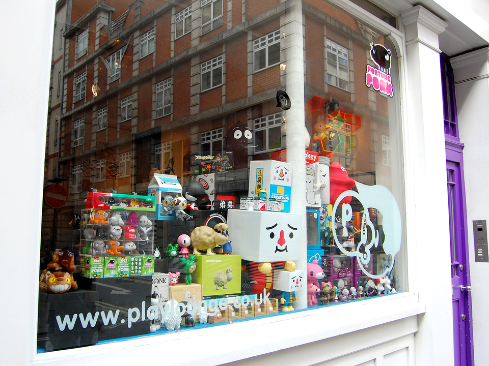 Vinyl toys of the Seamour Sheep and Marty Mole comic characters in the Playlounge designer toy store in London