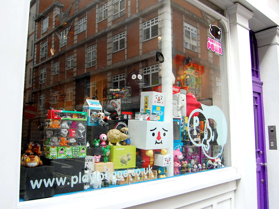 Vinyl toys of the Seamour Sheep and Marty Mole comic characters in the Playlounge designer toy store in London